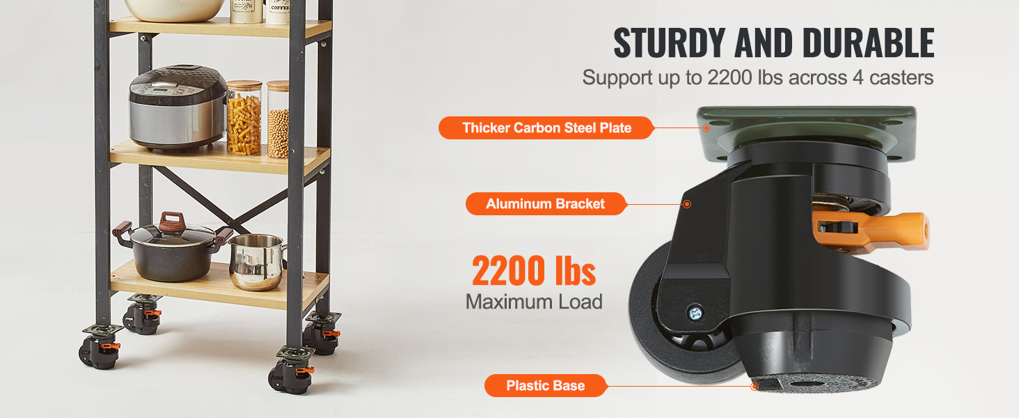 VEVOR leveling casters support 2200 lbs on a shelving unit with thicker carbon steel plate and aluminum bracket.