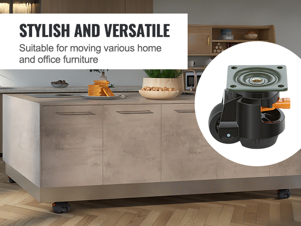VEVOR leveling casters under kitchen island, highlighting stylish and versatile for home and office use.