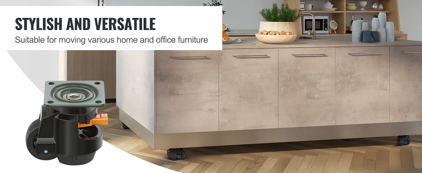 VEVOR leveling casters under kitchen island, highlighting stylish and versatile for home and office use.