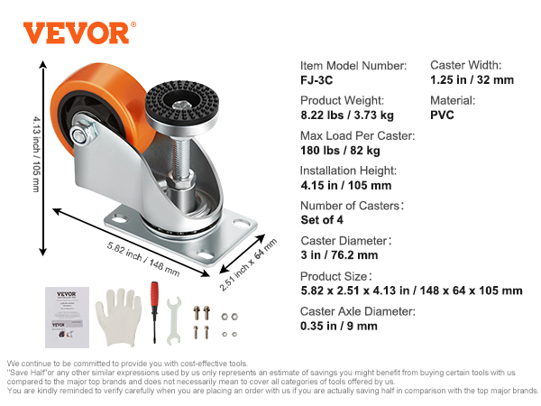 VEVOR leveling casters with dimensions, weight, and load capacity details, along with included tools.
