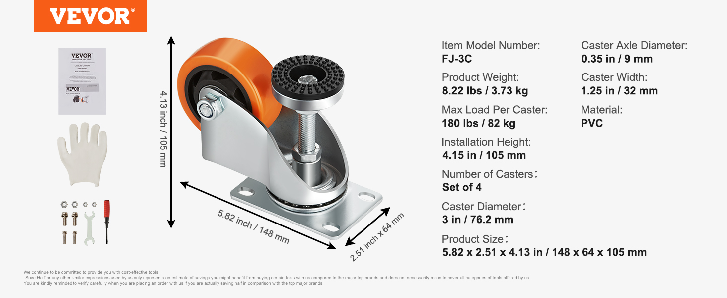VEVOR leveling casters with dimensions, weight, and load capacity details, along with included tools.
