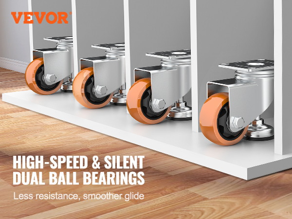 VEVOR leveling casters with silent dual ball bearings for smooth, high-speed movement on hardwood floors.