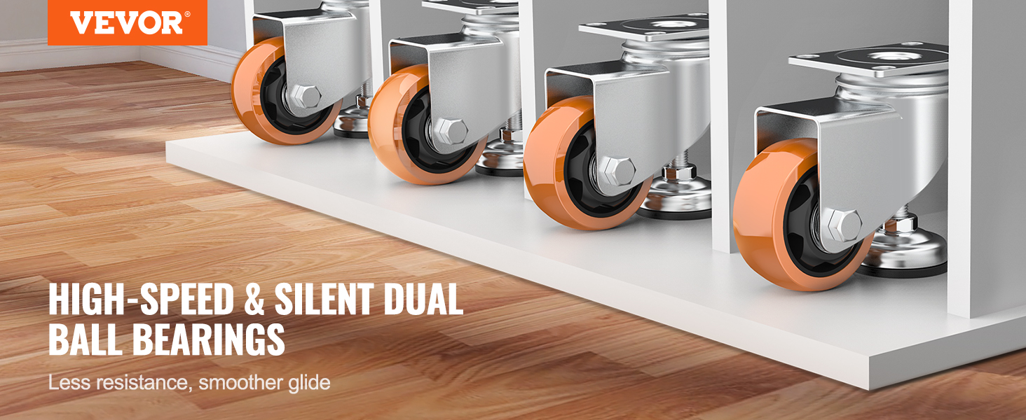 VEVOR leveling casters with silent dual ball bearings for smooth, high-speed movement on hardwood floors.