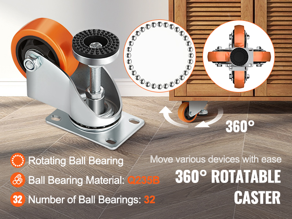 VEVOR leveling casters with 360° rotation, 32 ball bearings, and q235b bearing material.