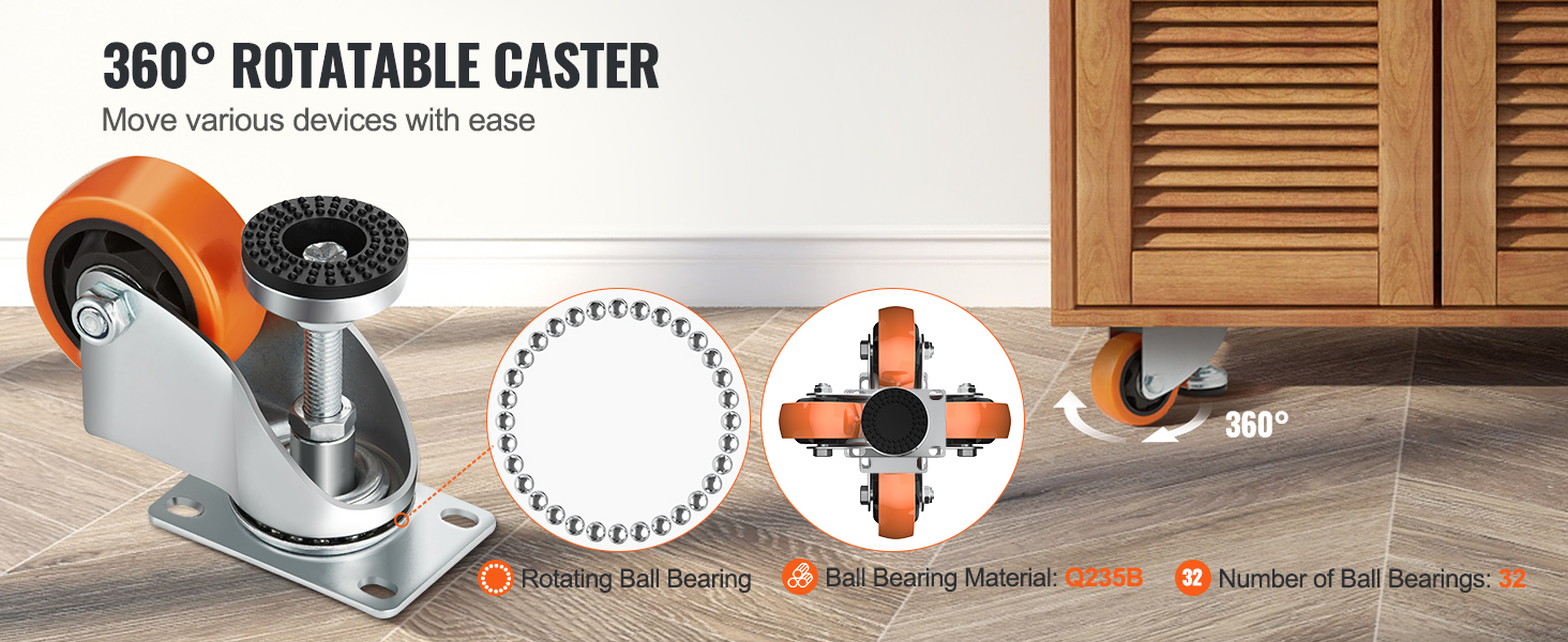VEVOR leveling casters with 360° rotation, 32 ball bearings, and q235b bearing material.