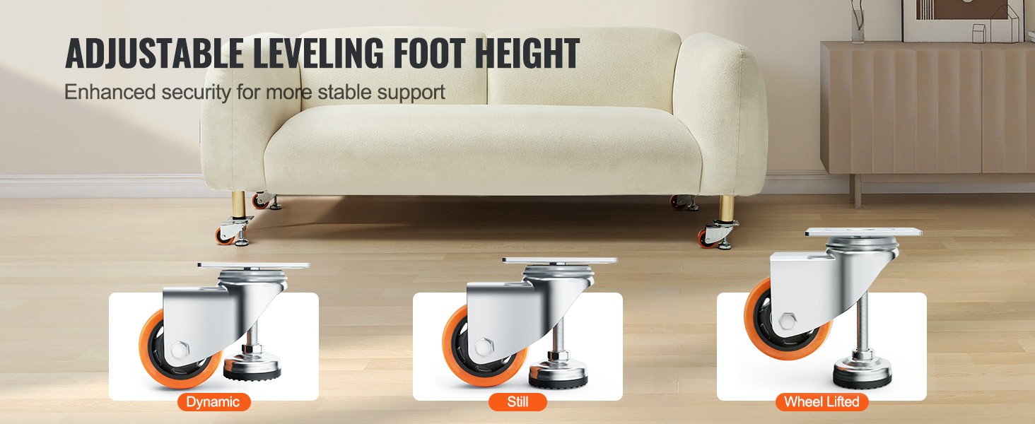 adjustable leveling foot height on sofa featuring VEVOR leveling casters for enhanced stability and support.