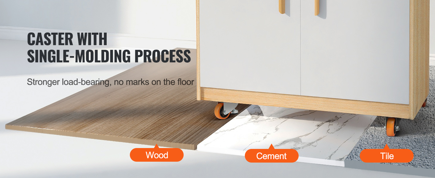 VEVOR leveling casters demonstrating load-bearing on wood, cement, and tile without floor marks.