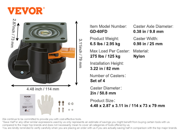 VEVOR leveling casters black set, 275 lbs load, 2in diameter, 4.48 x 2.87 x 3.11 in.