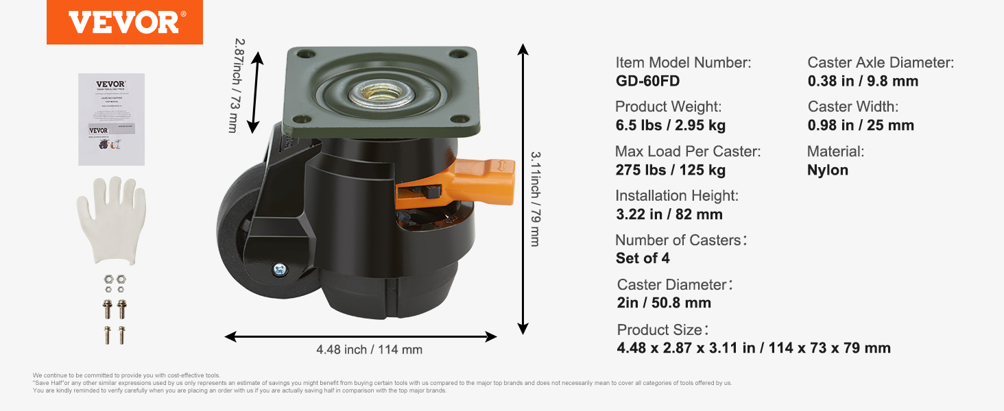 VEVOR leveling casters black set, 275 lbs load, 2in diameter, 4.48 x 2.87 x 3.11 in.