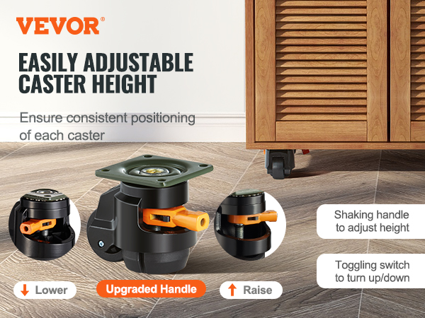 VEVOR leveling casters for adjustable height ensure precise caster positioning under a wooden cabinet.