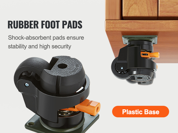 VEVOR leveling casters with rubber foot pads and a plastic base on wooden furniture, ensuring stability.