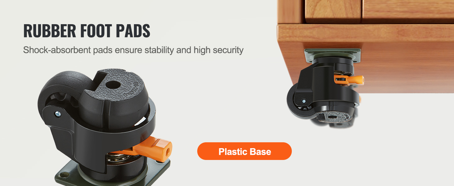VEVOR leveling casters with rubber foot pads and a plastic base on wooden furniture, ensuring stability.