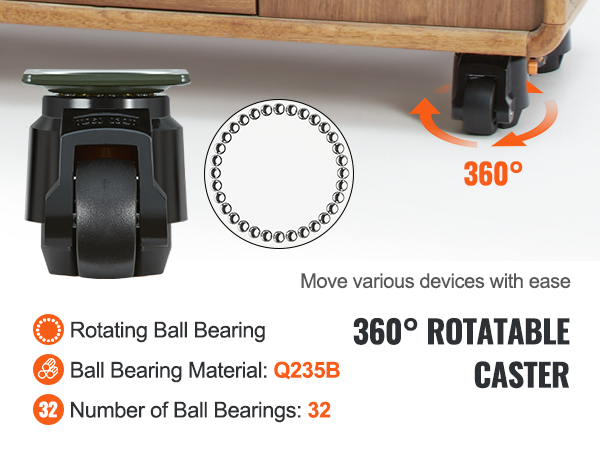 VEVOR leveling casters, 360° rotatable, with q235b ball bearings for easy device mobility.