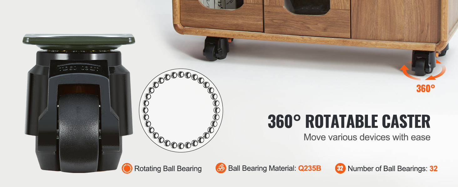 VEVOR leveling casters, 360° rotatable, with q235b ball bearings for easy device mobility.
