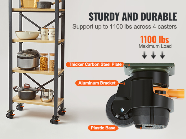storage shelf with VEVOR leveling casters, supporting up to 1100 lbs, and featuring thick carbon steel plates.