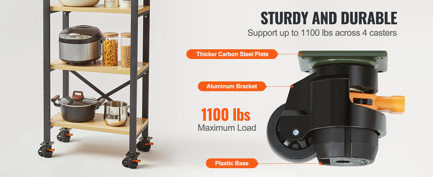 storage shelf with VEVOR leveling casters, supporting up to 1100 lbs, and featuring thick carbon steel plates.