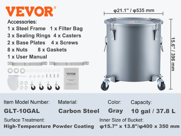 VEVOR fryer grease bucket, 10 gal capacity, gray, with accessories including filter bag, casters, and screws.