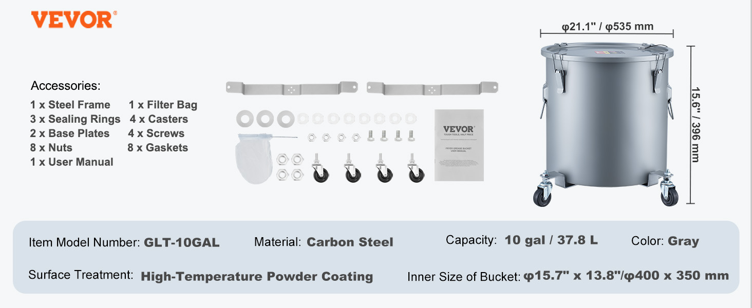 VEVOR fryer grease bucket, 10 gal capacity, gray, with accessories including filter bag, casters, and screws.