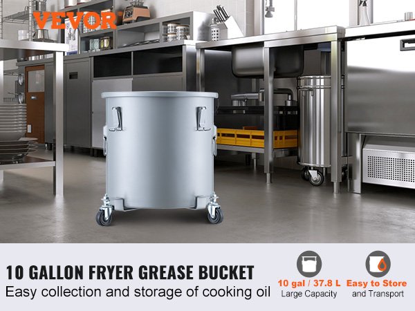 VEVOR fryer grease bucket in a commercial kitchen for easy storage and transport of cooking oil.