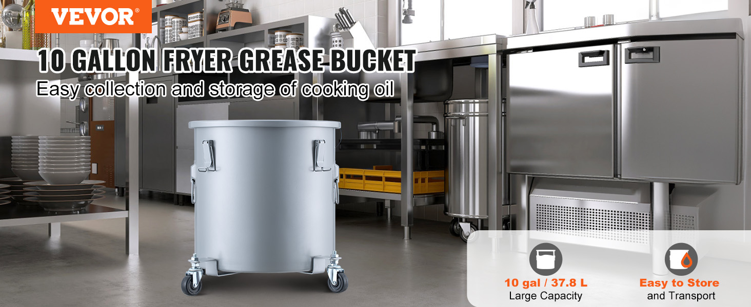 VEVOR fryer grease bucket in a commercial kitchen for easy storage and transport of cooking oil.