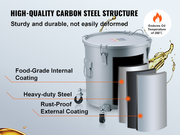 high-quality carbon steel VEVOR fryer grease bucket with food-grade coating and rust-proof external layer.