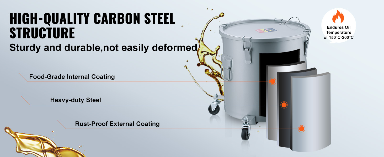 high-quality carbon steel VEVOR fryer grease bucket with food-grade coating and rust-proof external layer.