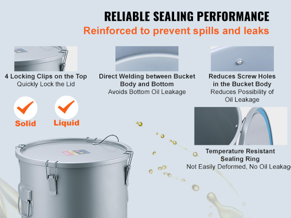 VEVOR fryer grease bucket with reliable sealing, locking clips, and temperature-resistant sealing ring.
