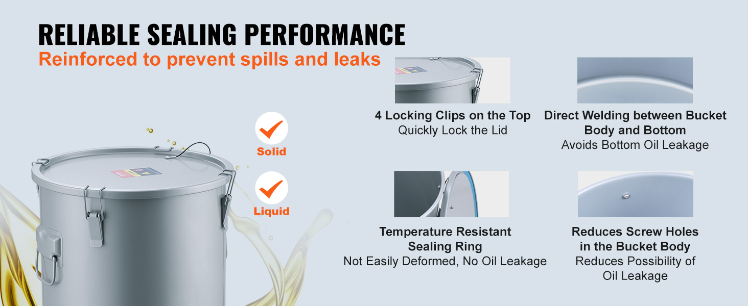 VEVOR fryer grease bucket with reliable sealing, locking clips, and temperature-resistant sealing ring.