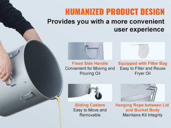 humanized design VEVOR fryer grease bucket with fixed side handle, filter bag, sliding casters.