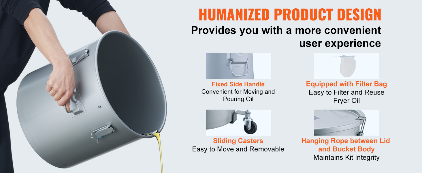 humanized design VEVOR fryer grease bucket with fixed side handle, filter bag, sliding casters.