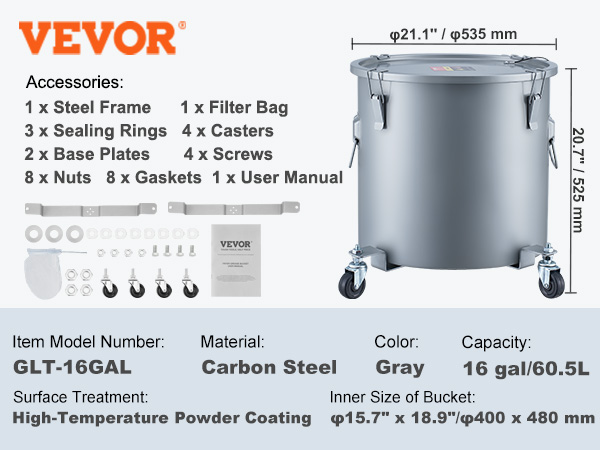 VEVOR fryer grease bucket, 16 gal, carbon steel with filter bag, casters, and accessories.