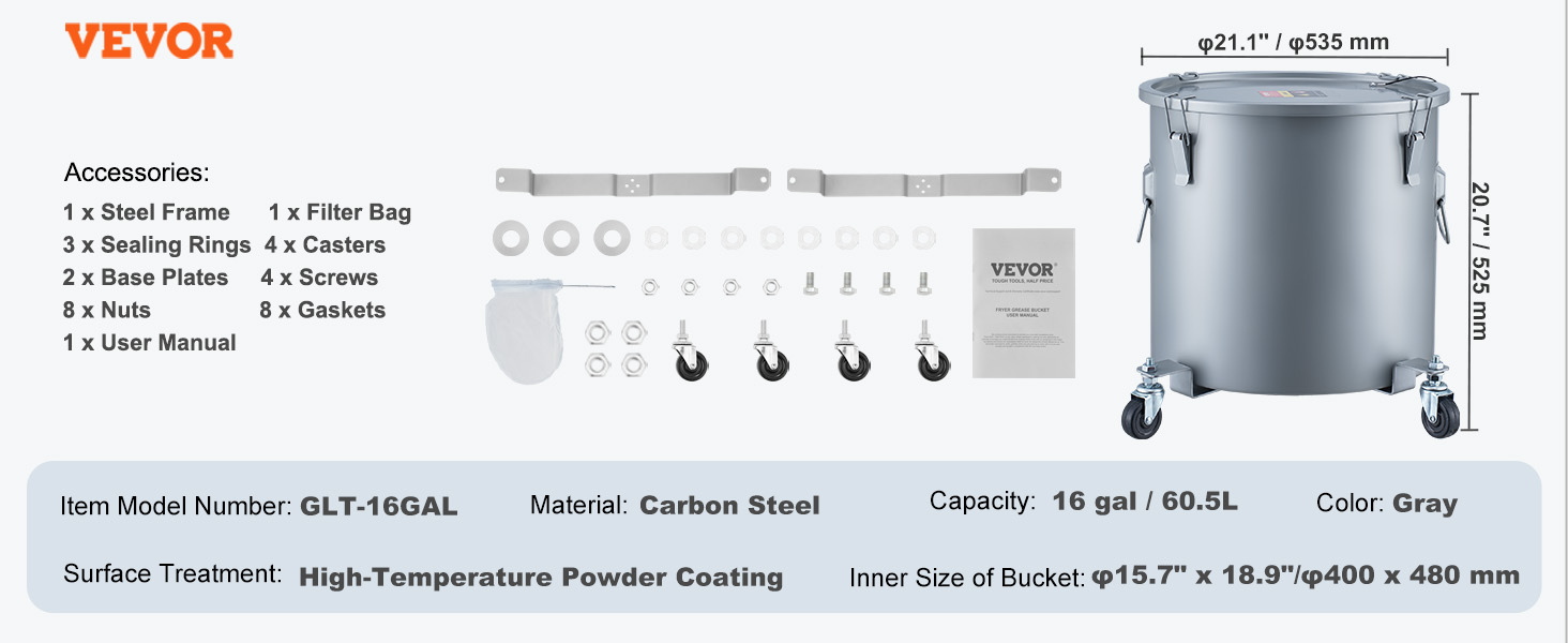 VEVOR fryer grease bucket, 16 gal, carbon steel with filter bag, casters, and accessories.