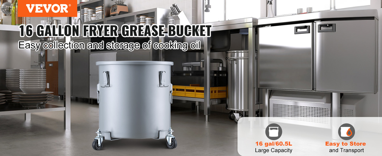 VEVOR fryer grease bucket in a commercial kitchen with 16 gallon capacity for easy oil storage and transport.