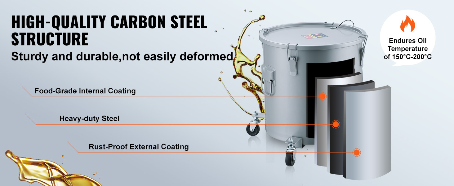 VEVOR fryer grease bucket, sturdy carbon steel structure with food-grade internal coating and rust-proof finish