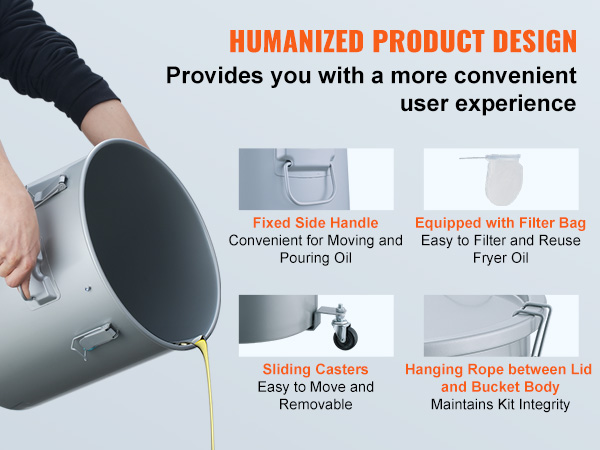 human hand holding a VEVOR fryer grease bucket with side handle, caster wheels, and filter bag.