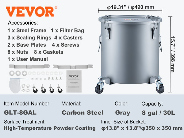 VEVOR fryer grease bucket glt-8gal, carbon steel, 8 gal capacity, includes accessories, gray.