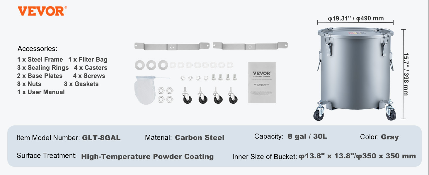 VEVOR fryer grease bucket glt-8gal, carbon steel, 8 gal capacity, includes accessories, gray.