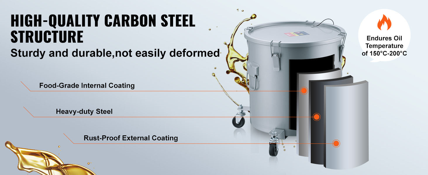 VEVOR fryer grease bucket: high-quality carbon steel, food-grade coating, rust-proof, endures 150°c-200°c.