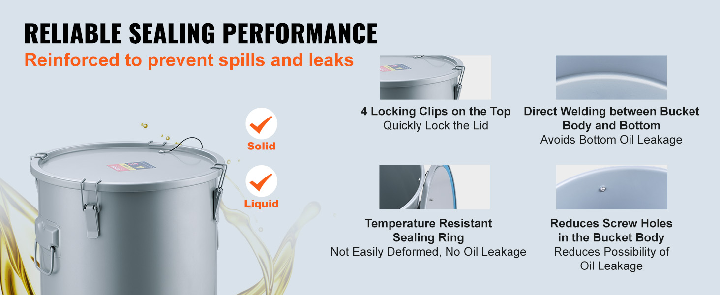 VEVOR fryer grease bucket with 4 locking clips, reinforced sealing, leak-resistant design, and no screw holes.