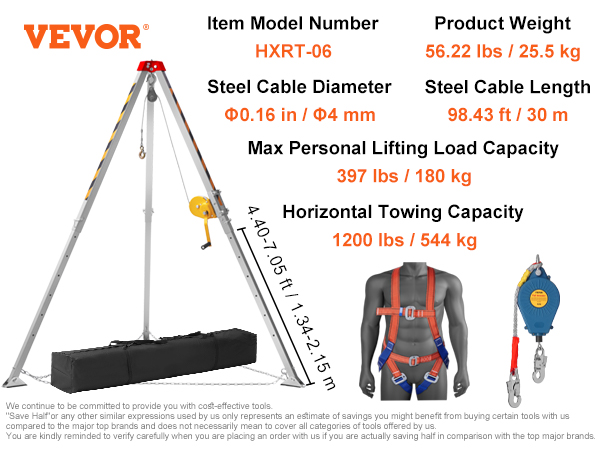 VEVOR confined space tripod kit with 4mm steel cable, 180kg lifting capacity, 544kg towing capacity.