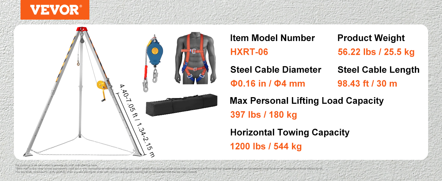 VEVOR confined space tripod kit with 4mm steel cable, 180kg lifting capacity, 544kg towing capacity.
