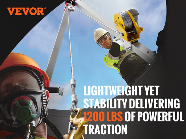 VEVOR confined space tripod kit, lightweight yet stable, supporting up to 1200 lbs traction capacity.