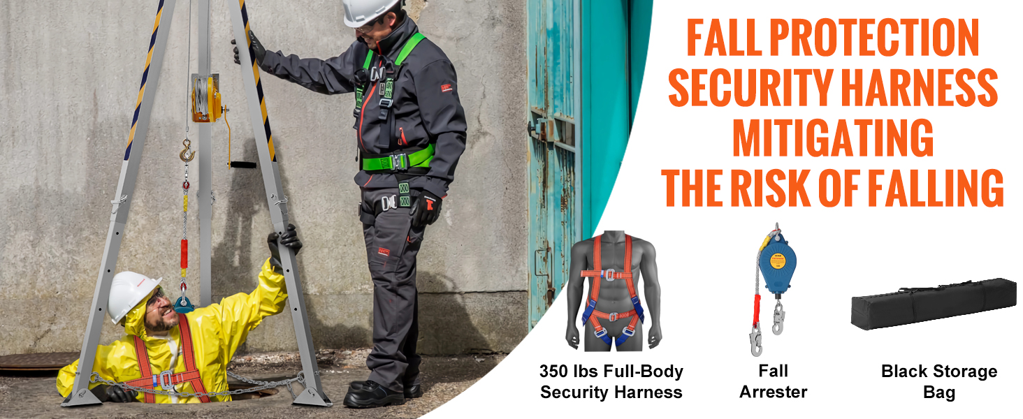 workers using VEVOR confined space tripod kit for fall protection, including a fall arrester and storage bag.