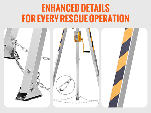 VEVOR confined space tripod kit: adjustable foot pads, protection chains, and high-visibility reflective stripes.