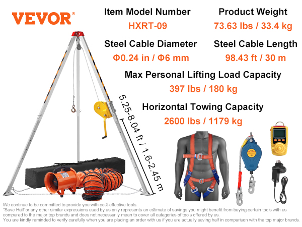 VEVOR confined space tripod kit, hxrt-09, steel cable, harness, carrying bag, 2600 lbs towing.