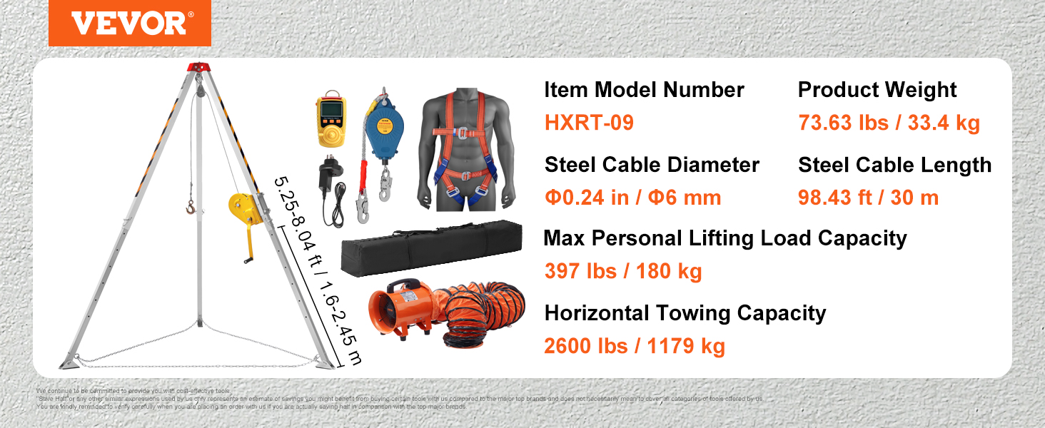 VEVOR confined space tripod kit, hxrt-09, steel cable, harness, carrying bag, 2600 lbs towing.