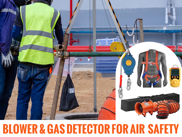 workers using blower and gas detector, emphasizing VEVOR confined space tripod kit for air safety.