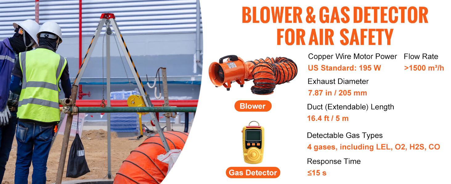 workers using blower and gas detector, emphasizing VEVOR confined space tripod kit for air safety.