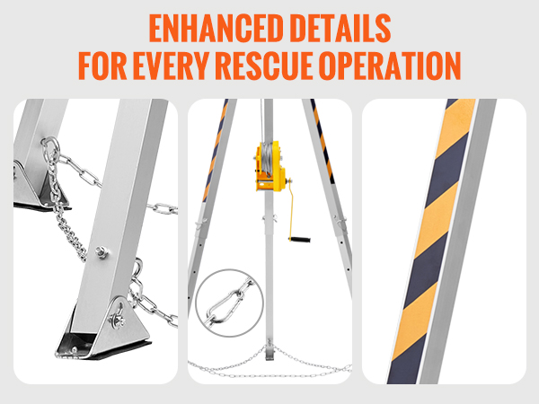 VEVOR confined space tripod kit details: adjustable foot pads, protection chains, and reflective stripes.