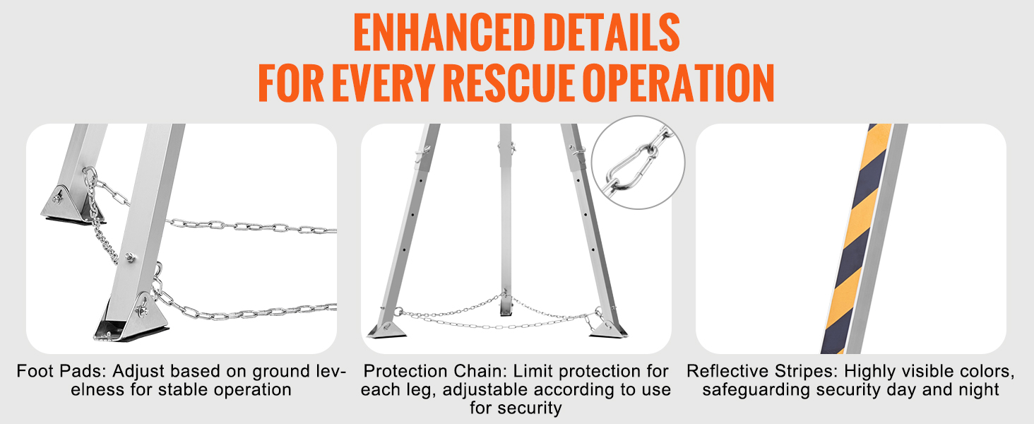 VEVOR confined space tripod kit details: adjustable foot pads, protection chains, and reflective stripes.